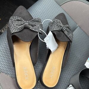 J. Crew Black Suede Mules with Studded Bow nwt